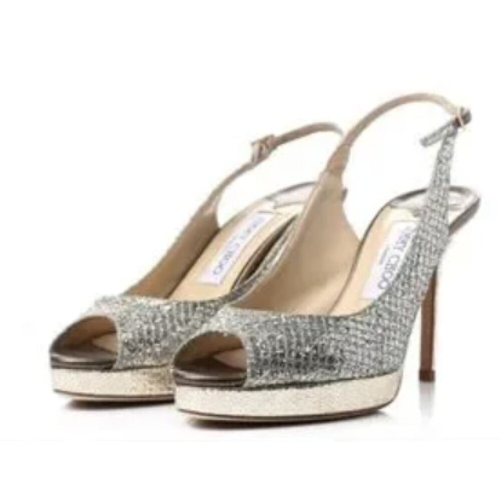 JIMMY CHOO Nova Slingback Sparkle Glitter Platform Peep Toe Heels Cocktail US 6